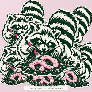 Raccoon Snack Archaeologist shown in a playful sticker cluster on powder pink. Digital mockup, no physical stickers included.