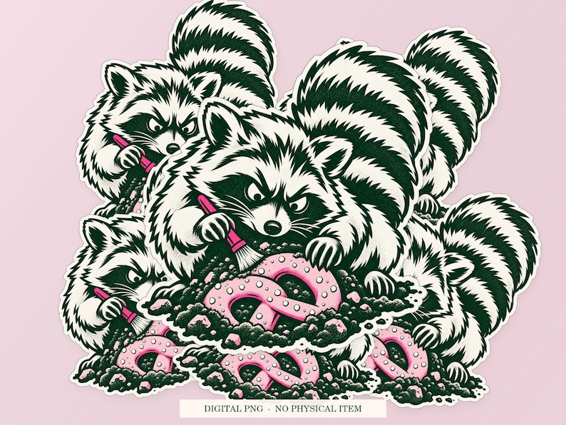 Raccoon Snack Archaeologist shown in a playful sticker cluster on powder pink. Digital mockup, no physical stickers included.