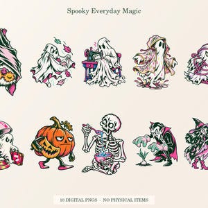 Overview of all ten Spooky Everyday Magic PNG designs arranged on a cream background. Digital download only; each design is provided as a separate transparent PNG.