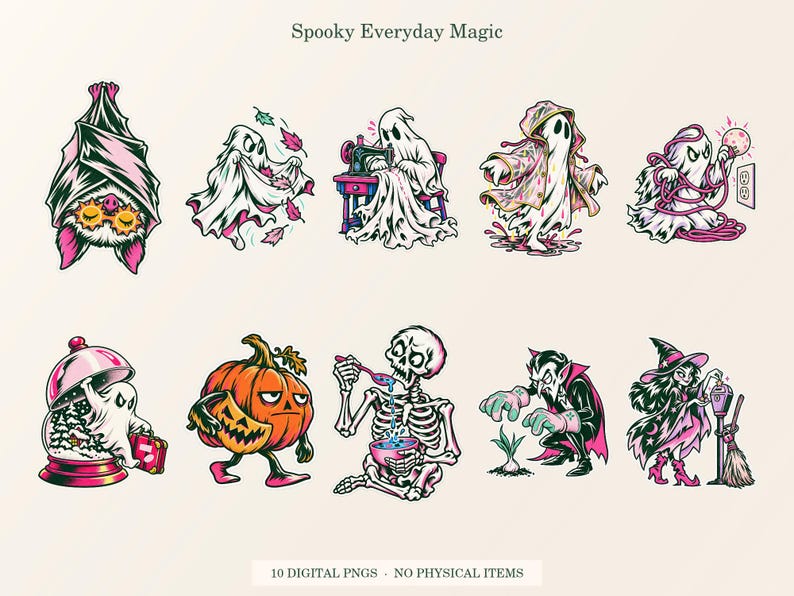 Overview of all ten Spooky Everyday Magic PNG designs arranged on a cream background. Digital download only; each design is provided as a separate transparent PNG.