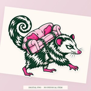 Possum Backup Plan close view showing the pink and green artwork and white outline.