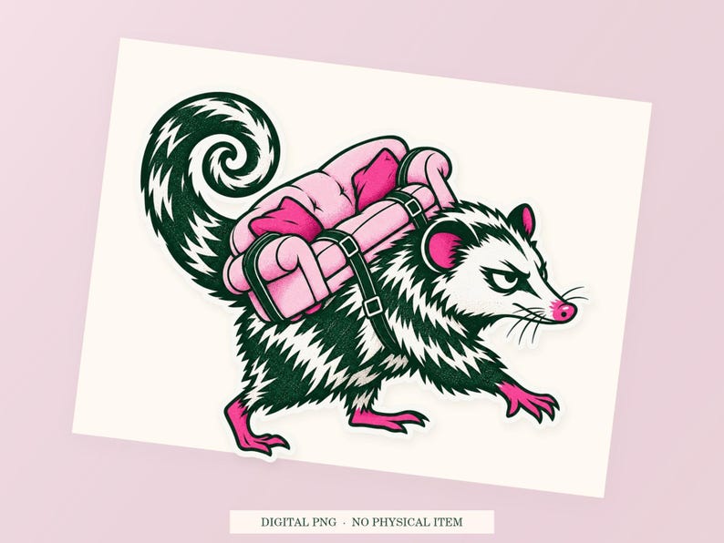 Possum Backup Plan close view showing the pink and green artwork and white outline.
