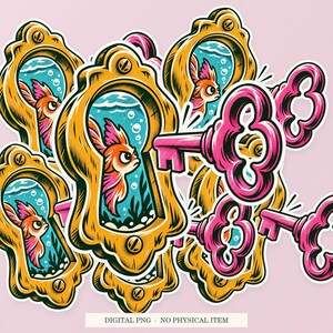 Keyhole Aquarium shown in a playful sticker cluster on powder pink. Digital mockup, no physical stickers included.