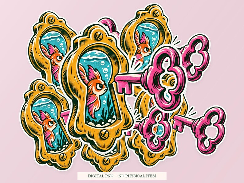 Keyhole Aquarium shown in a playful sticker cluster on powder pink. Digital mockup, no physical stickers included.