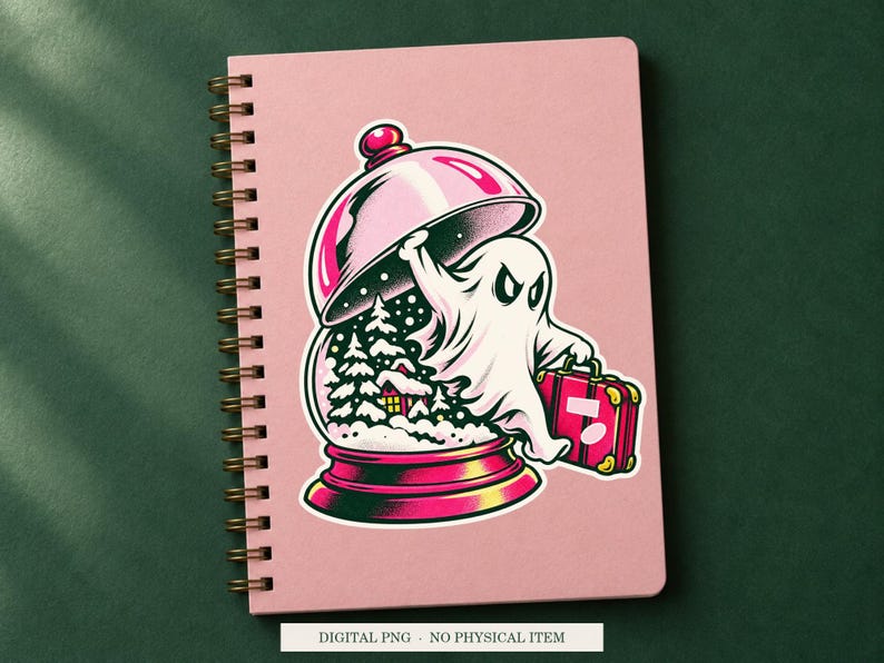 Haunted Snow Globe Escape artwork decorating a notebook as a white outlined sticker. Digital PNG project example; notebook and sticker are not included.