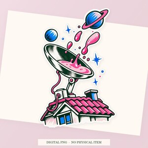 Spoon Satellite Dish close view showing the pink and green artwork and white outline.