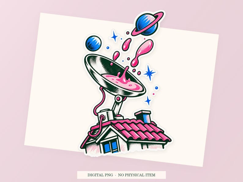 Spoon Satellite Dish close view showing the pink and green artwork and white outline.
