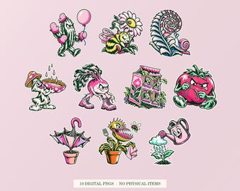 Ensemble de 10 images clipart PNG sur le thème du jardin féerique, avec fond transparent (téléchargement numérique).
