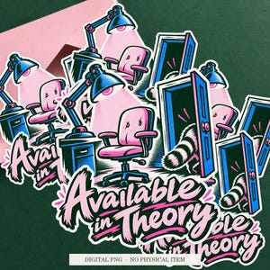 Available in Theory displayed on an envelope with a green background. Digital mockup, no physical item included.