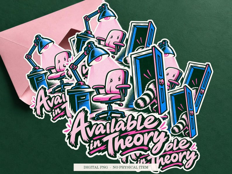 Available in Theory displayed on an envelope with a green background. Digital mockup, no physical item included.