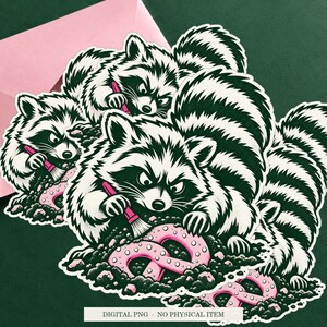 Raccoon Snack Archaeologist displayed on an envelope with a green background. Digital mockup, no physical item included.
