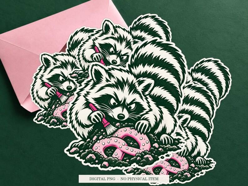 Raccoon Snack Archaeologist displayed on an envelope with a green background. Digital mockup, no physical item included.