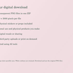 Stitch and Make Mischief digital download information card: one ZIP containing ten separate transparent PNG files, each 3000 by 3000 pixels with white artwork outlines. No physical items, SVG files or third party uploads.