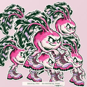 Radish Root Boots shown in a playful sticker cluster on powder pink. Digital mockup, no physical stickers included.