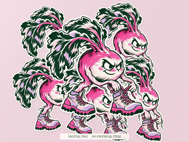 Radish Root Boots shown in a playful sticker cluster on powder pink. Digital mockup, no physical stickers included.