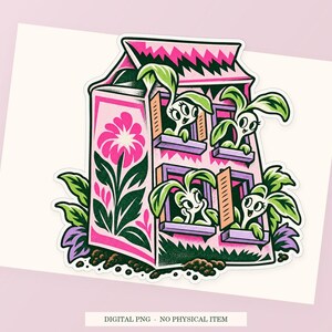 Seed Packet Apartment close view showing the pink and green artwork and white outline.