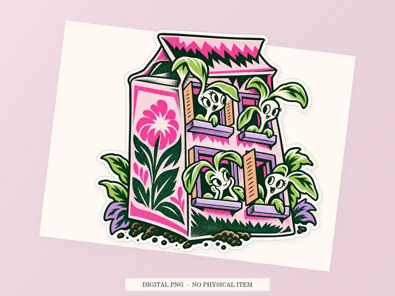 Seed Packet Apartment close view showing the pink and green artwork and white outline.