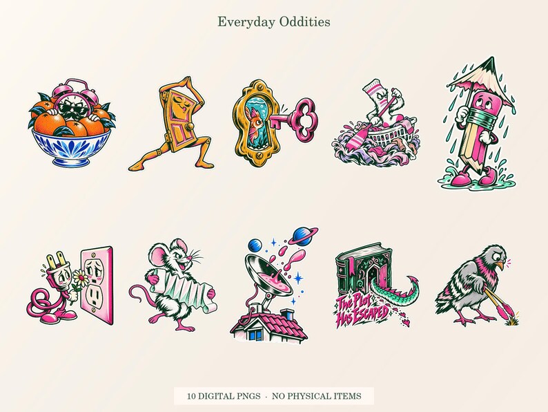 Everyday Oddities overview showing all ten included transparent PNG designs.