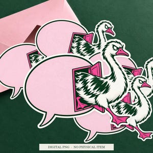 Goose Emergency Exit artwork shown as a sticker on a cream envelope against green. Digital PNG mockup; envelope and physical sticker are not included.