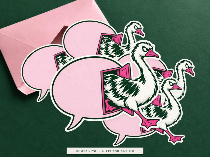 Goose Emergency Exit artwork shown as a sticker on a cream envelope against green. Digital PNG mockup; envelope and physical sticker are not included.