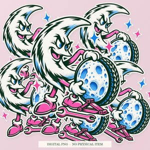 Moon Spare Tire shown in a playful sticker cluster on powder pink. Digital mockup, no physical stickers included.