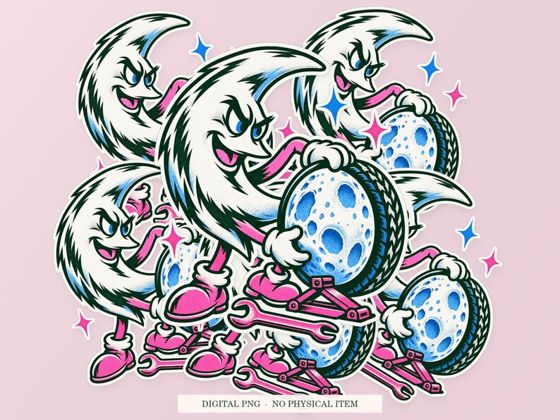 Moon Spare Tire shown in a playful sticker cluster on powder pink. Digital mockup, no physical stickers included.