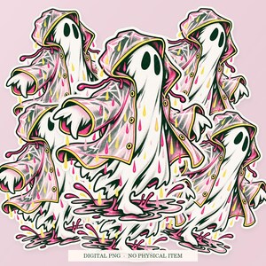 Ghost Raincoat Problem artwork shown as overlapping white outlined sticker cutouts on a pink background. Digital PNG mockup; physical stickers are not included.