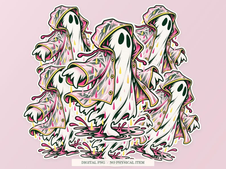 Ghost Raincoat Problem artwork shown as overlapping white outlined sticker cutouts on a pink background. Digital PNG mockup; physical stickers are not included.
