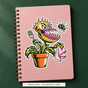 Venus Flytrap Table Manners displayed on a notebook. Digital mockup showing a creative use for the PNG.
