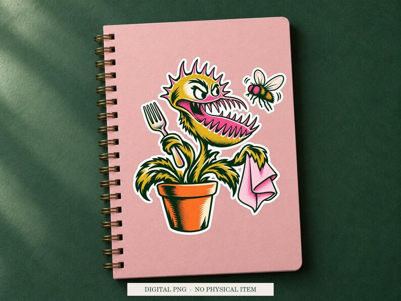 Venus Flytrap Table Manners displayed on a notebook. Digital mockup showing a creative use for the PNG.