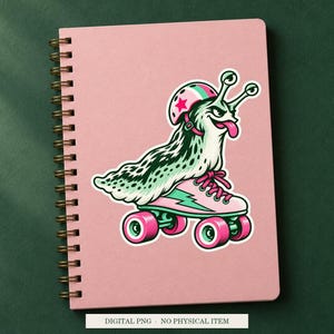 Slug Roller Skates displayed on a notebook. Digital mockup showing a creative use for the PNG.