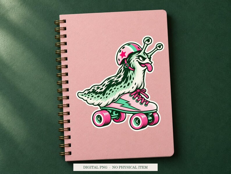Slug Roller Skates displayed on a notebook. Digital mockup showing a creative use for the PNG.