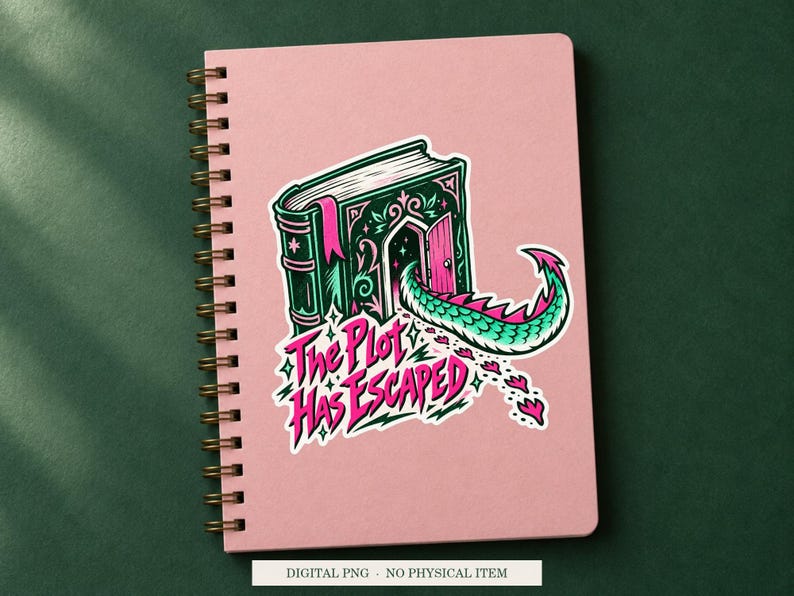 The Plot Has Escaped displayed on a notebook. Digital mockup showing a creative use for the PNG.