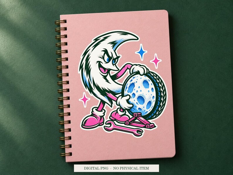 Moon Spare Tire displayed on a notebook. Digital mockup showing a creative use for the PNG.