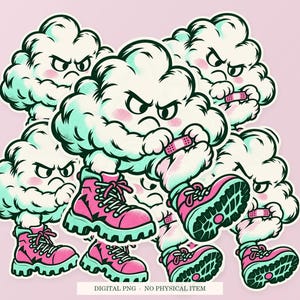 Cloud Hiking Blister shown in a playful sticker cluster on powder pink. Digital mockup, no physical stickers included.