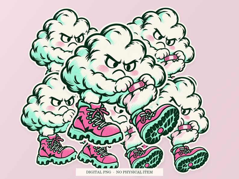 Cloud Hiking Blister shown in a playful sticker cluster on powder pink. Digital mockup, no physical stickers included.