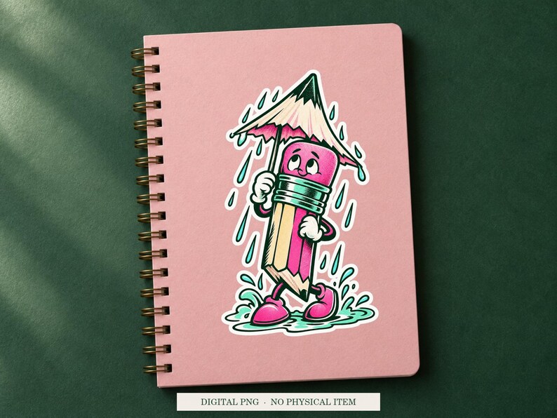 Pencil Umbrella Stand displayed on a notebook. Digital mockup showing a creative use for the PNG.