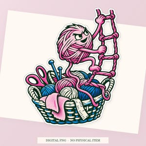 Close view of the pink and green Yarn Escape Route artwork with its white outline on a styled background. One transparent PNG digital download.