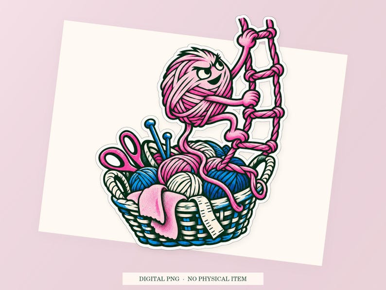 Close view of the pink and green Yarn Escape Route artwork with its white outline on a styled background. One transparent PNG digital download.