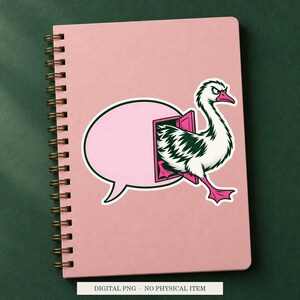 Goose Emergency Exit artwork decorating a notebook as a white outlined sticker. Digital PNG project example; notebook and sticker are not included.