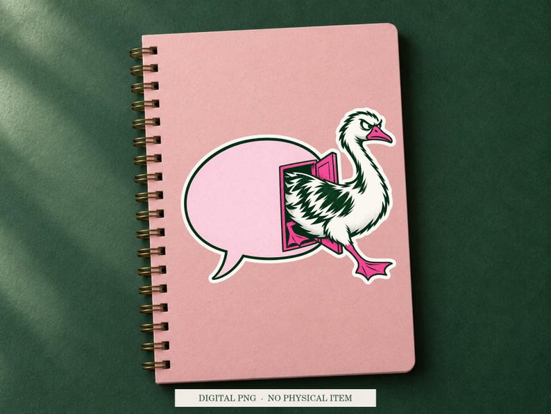 Goose Emergency Exit artwork decorating a notebook as a white outlined sticker. Digital PNG project example; notebook and sticker are not included.