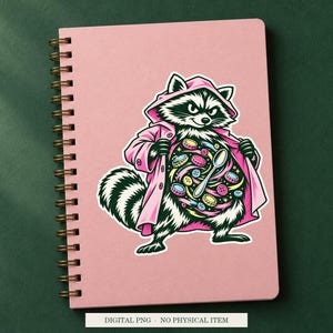 Raccoon Pocket Universe displayed on a notebook. Digital mockup showing a creative use for the PNG.