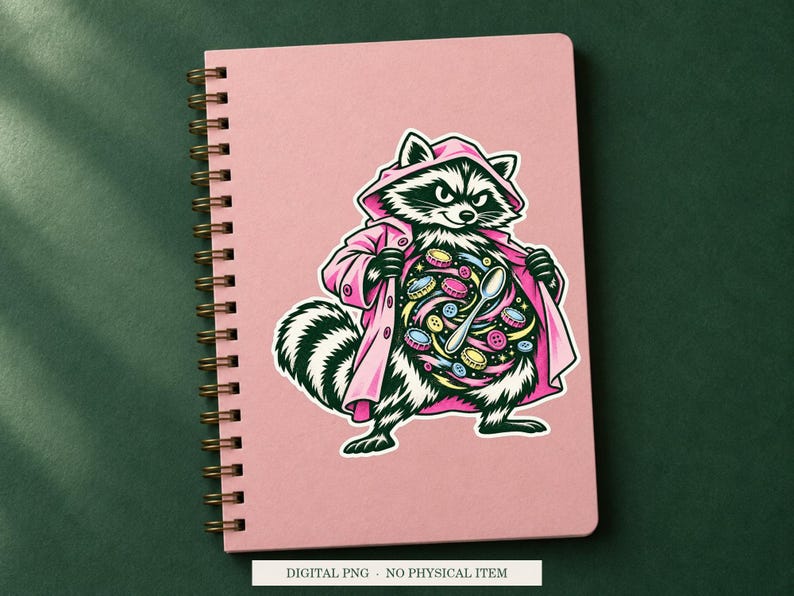 Raccoon Pocket Universe displayed on a notebook. Digital mockup showing a creative use for the PNG.
