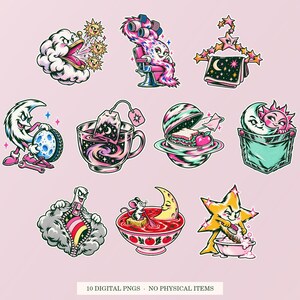 Cosmic Daydreams cover showing ten pink and green designs. Digital PNG bundle, no physical item.