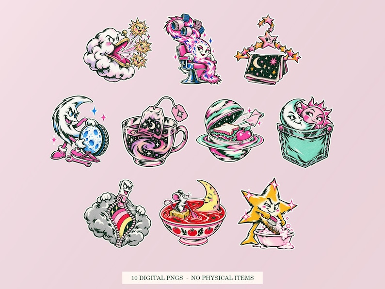 Cosmic Daydreams cover showing ten pink and green designs. Digital PNG bundle, no physical item.