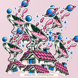 Spoon Satellite Dish shown in a playful sticker cluster on powder pink. Digital mockup, no physical stickers included.