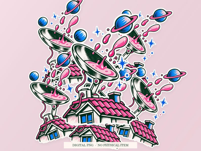 Spoon Satellite Dish shown in a playful sticker cluster on powder pink. Digital mockup, no physical stickers included.