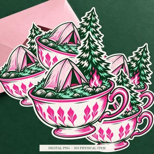 Tent Inside a Teacup displayed on an envelope with a green background. Digital mockup, no physical item included.