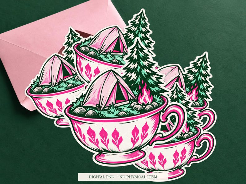 Tent Inside a Teacup displayed on an envelope with a green background. Digital mockup, no physical item included.