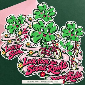 Luck Took the Scenic Route displayed on an envelope with a green background. Digital mockup, no physical item included.
